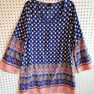 ING Women's Size L Blue Pink Printed Shift Dress BOHO Diamond Design Long Sleeve
